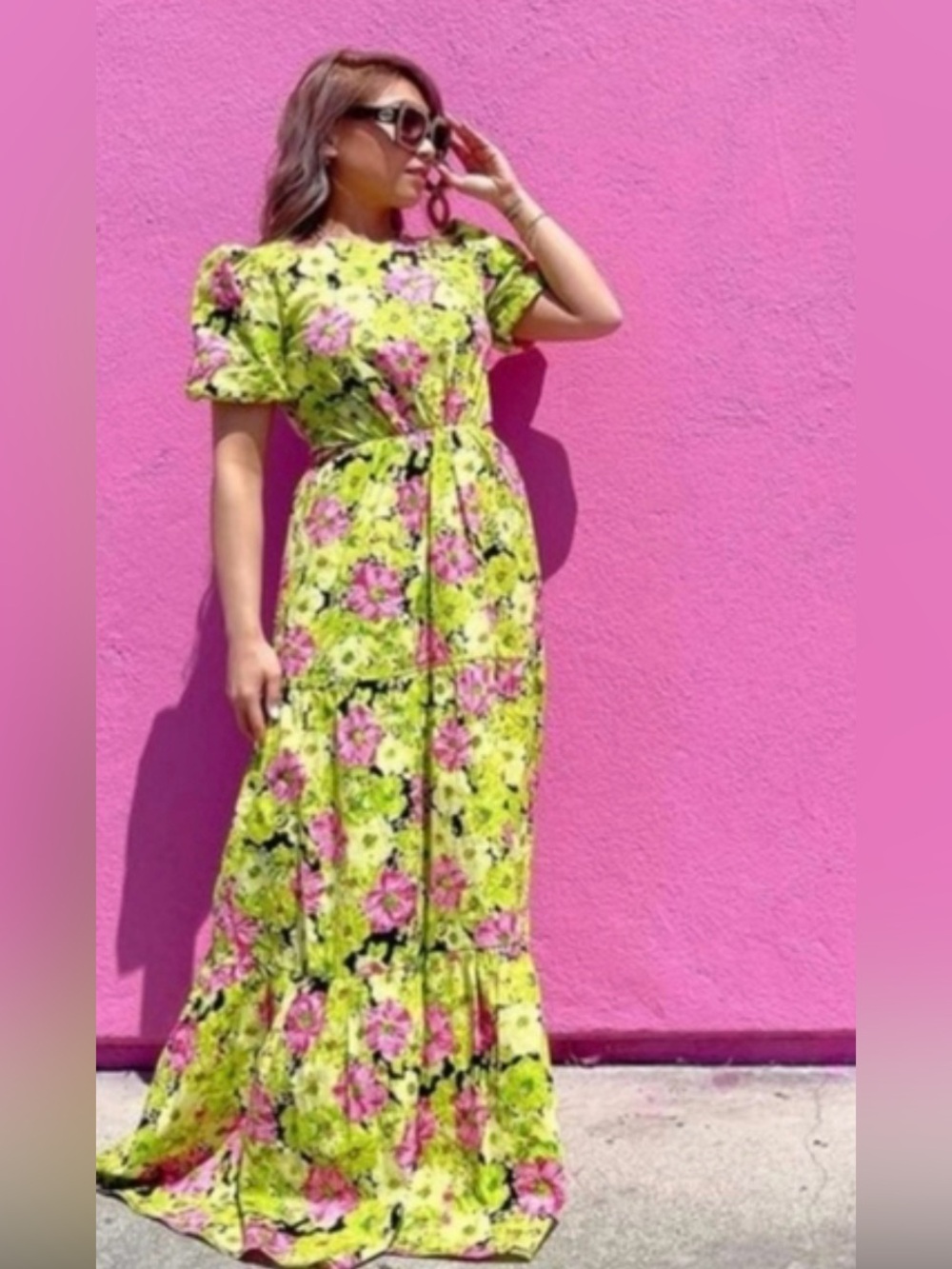 Wayf Floral cut out -Waist Maxi Dress in Lime Green and Pink
